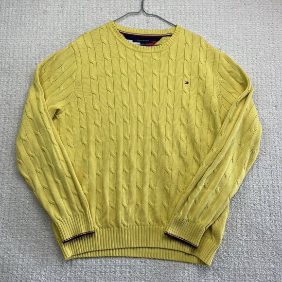Vintage Tommy Hilfiger Cable Knit Sweater Yellow Men XL Preppy Grandpa Pullover - Picture 1 of 10